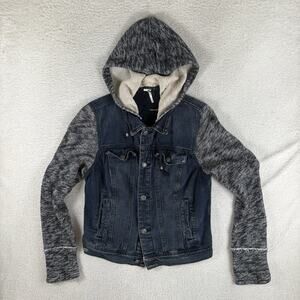 Free People Denim Jacket Womens Medium Blue Distressed Knit Sleeves Hood Grunge
